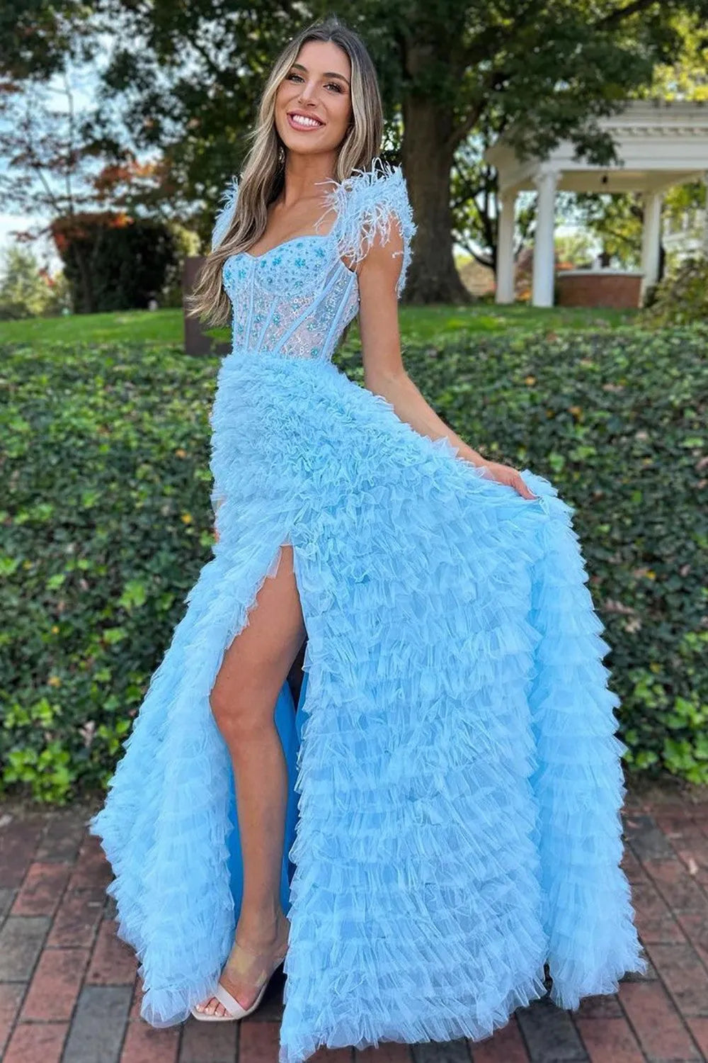 Wholesale Cute A-Line Feather Straps Long Ruffle Prom Dress With Split long prom dresses with sleeves