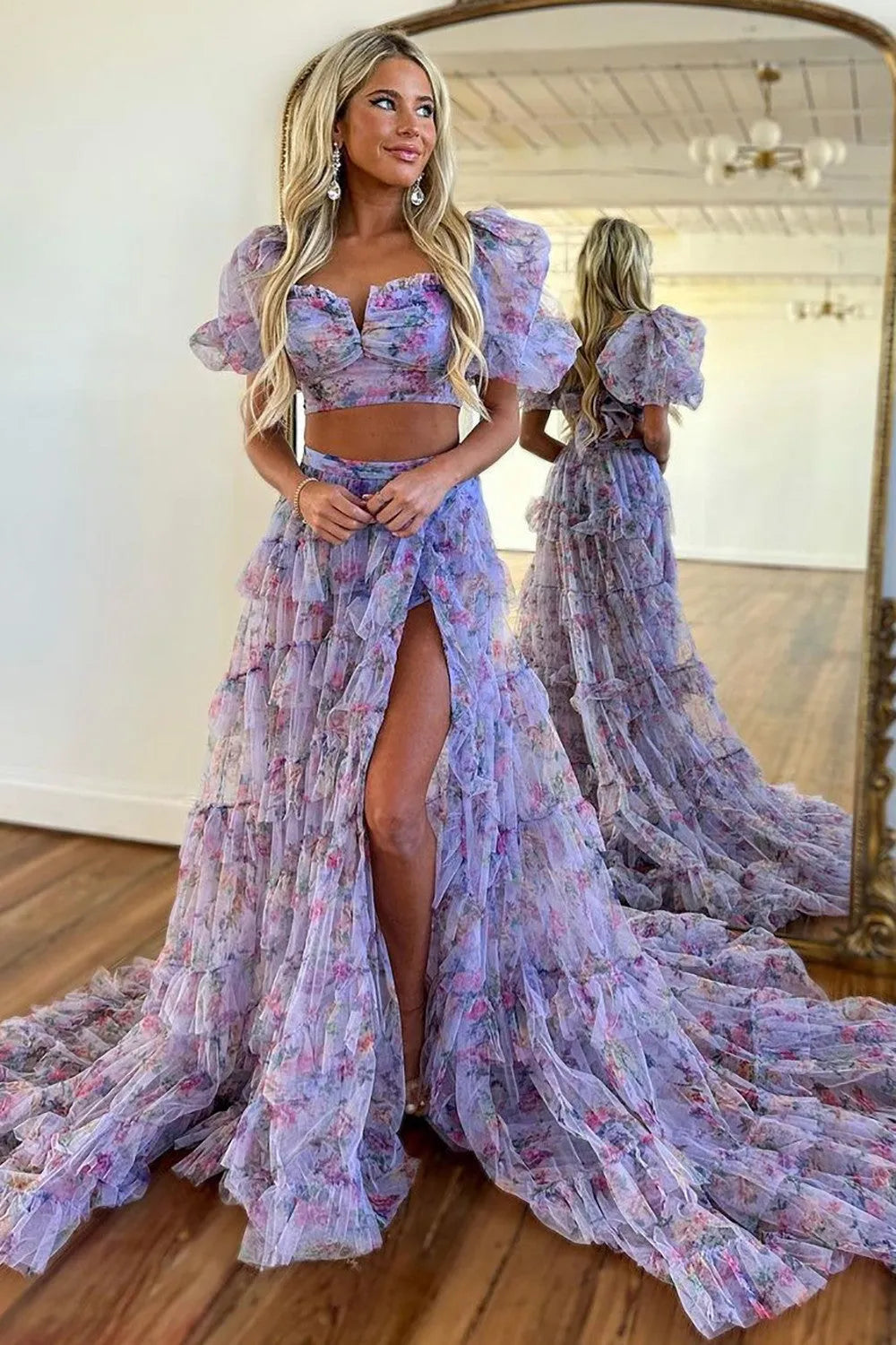 Wholesale Cute A-Line Two Pieces Square Neck Long Print Tulle Prom Dress With Split prom dress with long sleeves