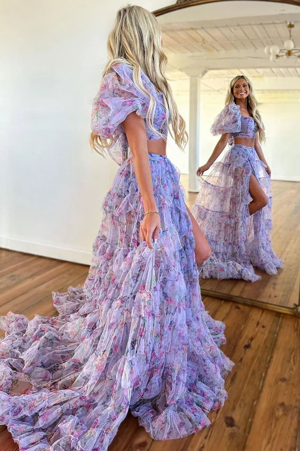 Wholesale Cute A-Line Two Pieces Square Neck Long Print Tulle Prom Dress With Split prom dress with long sleeves