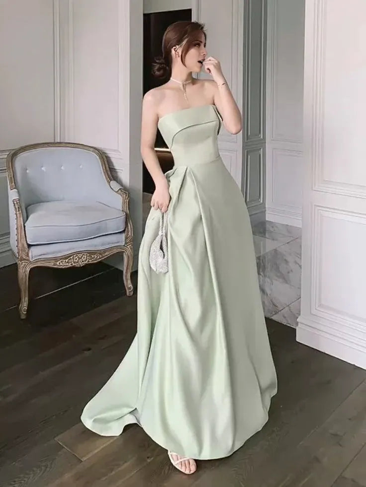 TingPo Wholesale Cute A line Strapless Long Length Mint Green Prom Dresses Satin Birthday Dress