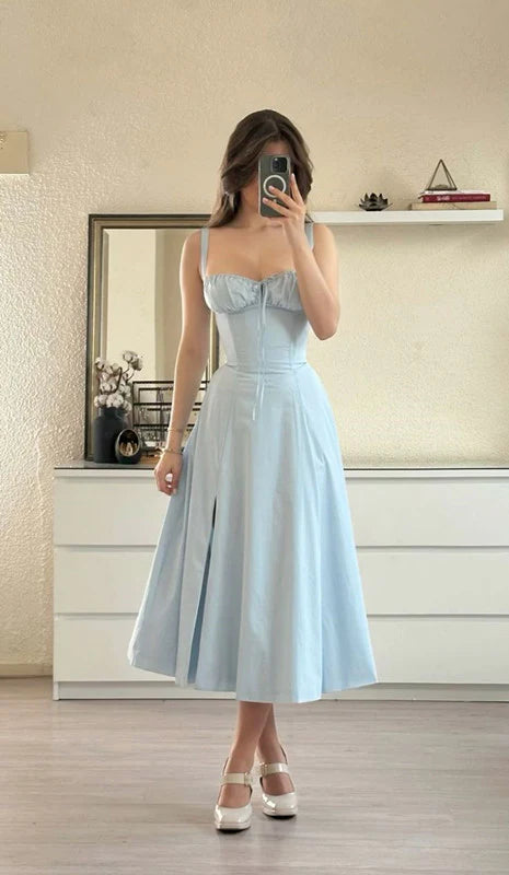TingPo Wholesale Cute A line Straps Blue Tea Length Prom Dresses Summer Birthday Dress