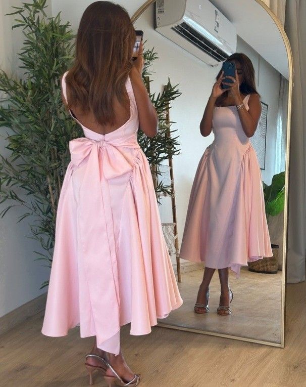 TingPo Wholesale Cute A line Straps Pink Satin Tea Length Prom Dress With Bow