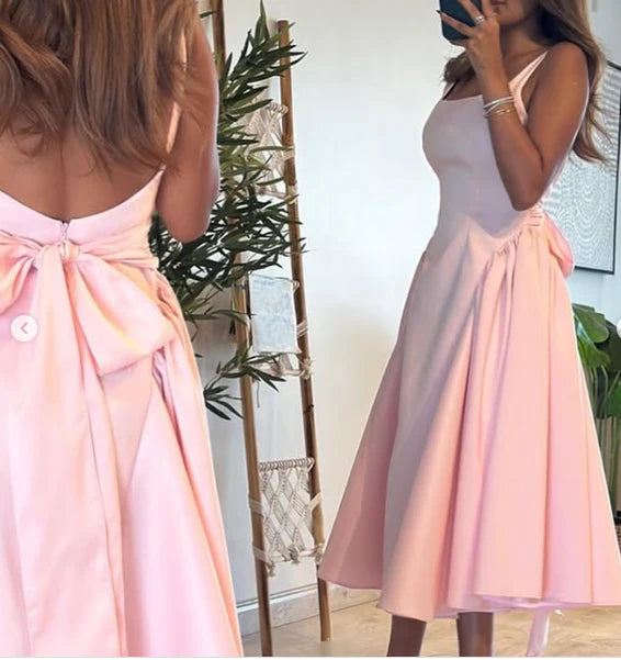 TingPo Wholesale Cute A line Straps Pink Satin Tea Length Prom Dress With Bow