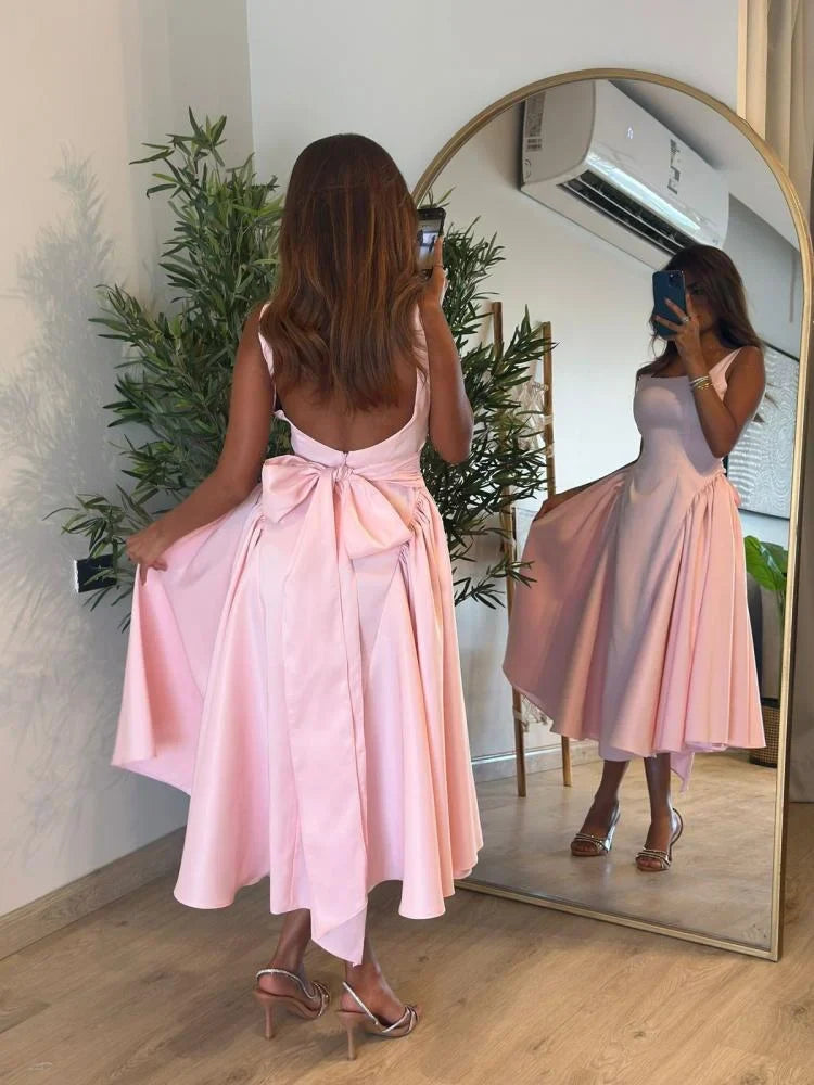 TingPo Wholesale Cute A line Straps Pink Satin Tea Length Prom Dress With Bow