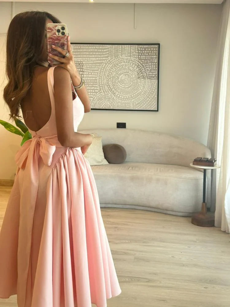 TingPo Wholesale Cute A line Straps Pink Satin Tea Length Prom Dress With Bow