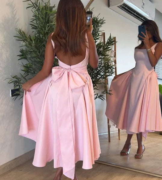 TingPo Wholesale Cute A line Straps Pink Satin Tea Length Prom Dress With Bow