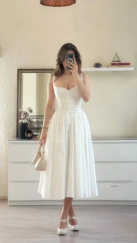 TingPo Wholesale Cute A line Straps White Chiffon Tea Length Prom Dresses Summer Birthday Dress