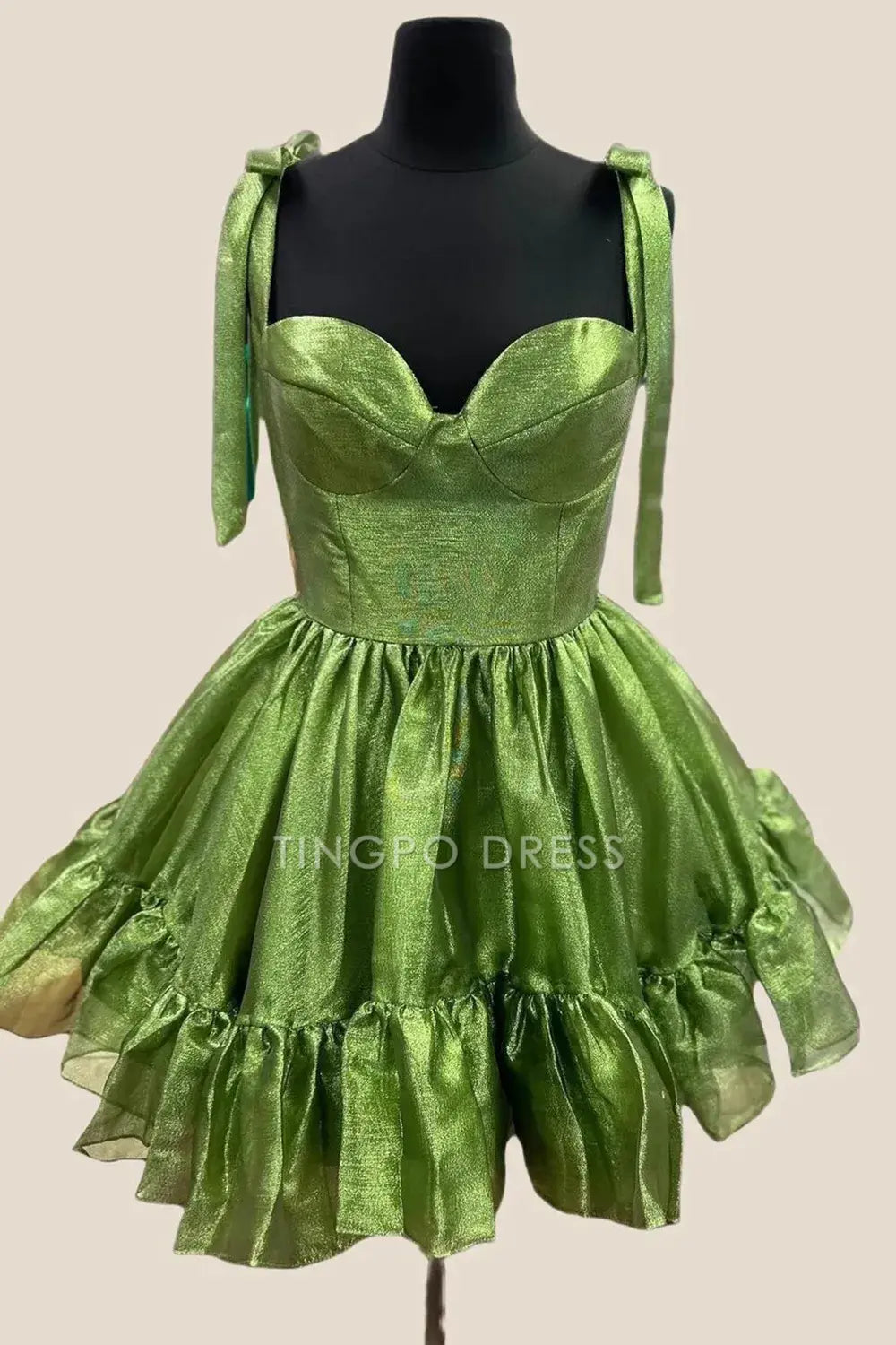 TingPo Wholesale Elegant Cute Barbie Style A-Line Tie Straps Short Organza Homecoming Dress formal wear dresses