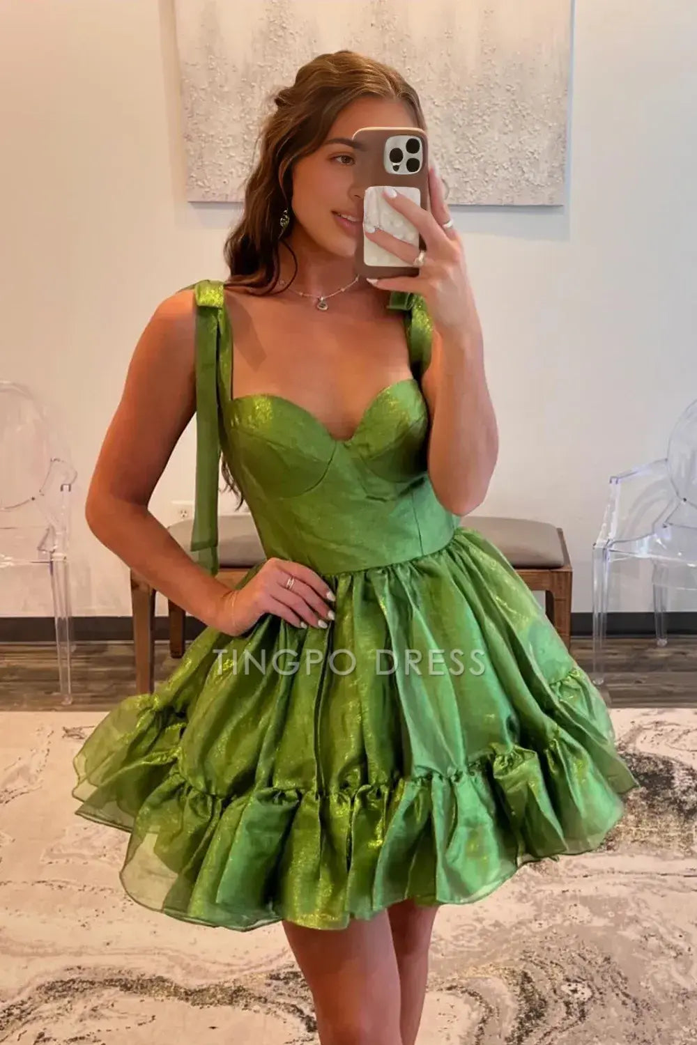 TingPo Wholesale Elegant Cute Barbie Style A-Line Tie Straps Short Organza Homecoming Dress formal wear dresses