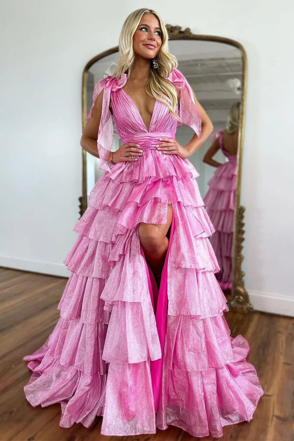 Wholesale Trendy Pink A-Line Deep V-Neck Long Tiered Prom Dress With Split
