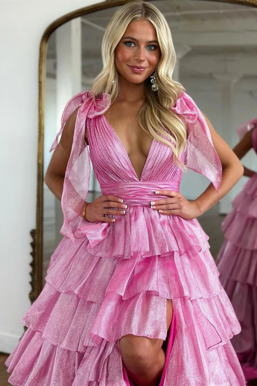 Wholesale Trendy Pink A-Line Deep V-Neck Long Tiered Prom Dress With Split