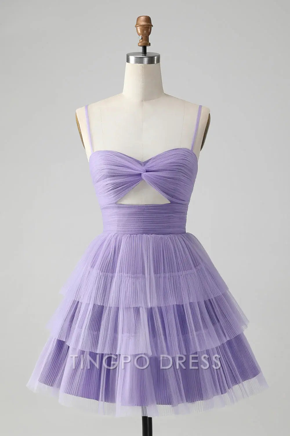 TingPo Wholesale Elegant Cute Purple A Line Spaghetti Straps Tulle Tiered Short Homecoming Dress formal wear dresses