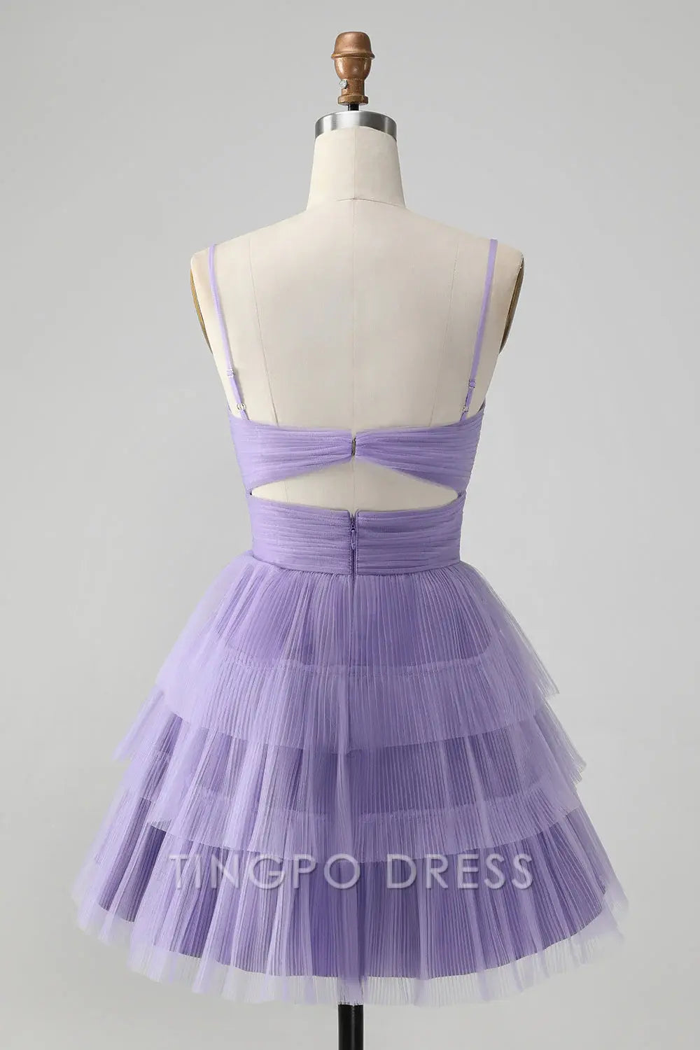 TingPo Wholesale Elegant Cute Purple A Line Spaghetti Straps Tulle Tiered Short Homecoming Dress formal wear dresses