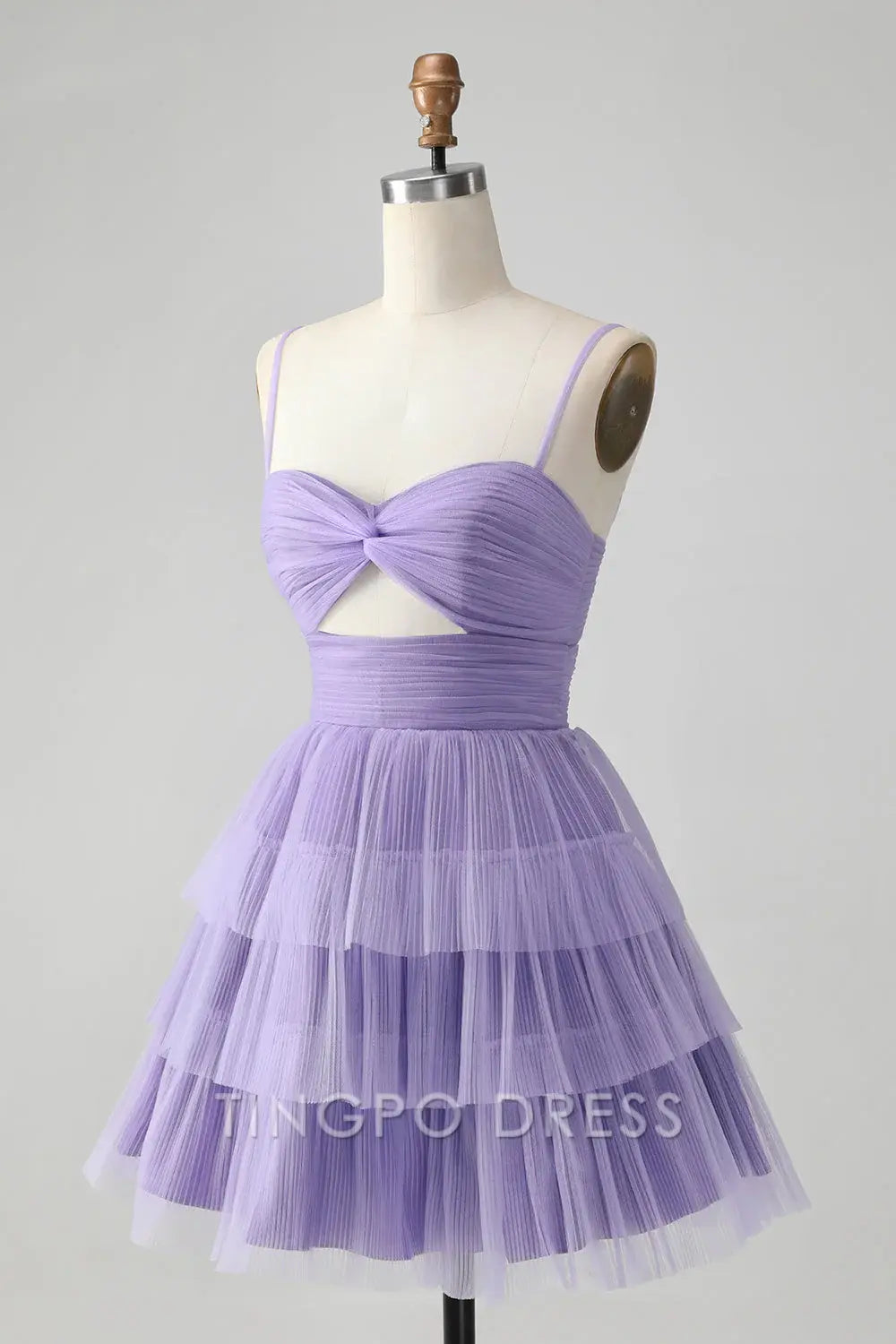 TingPo Wholesale Elegant Cute Purple A Line Spaghetti Straps Tulle Tiered Short Homecoming Dress formal wear dresses