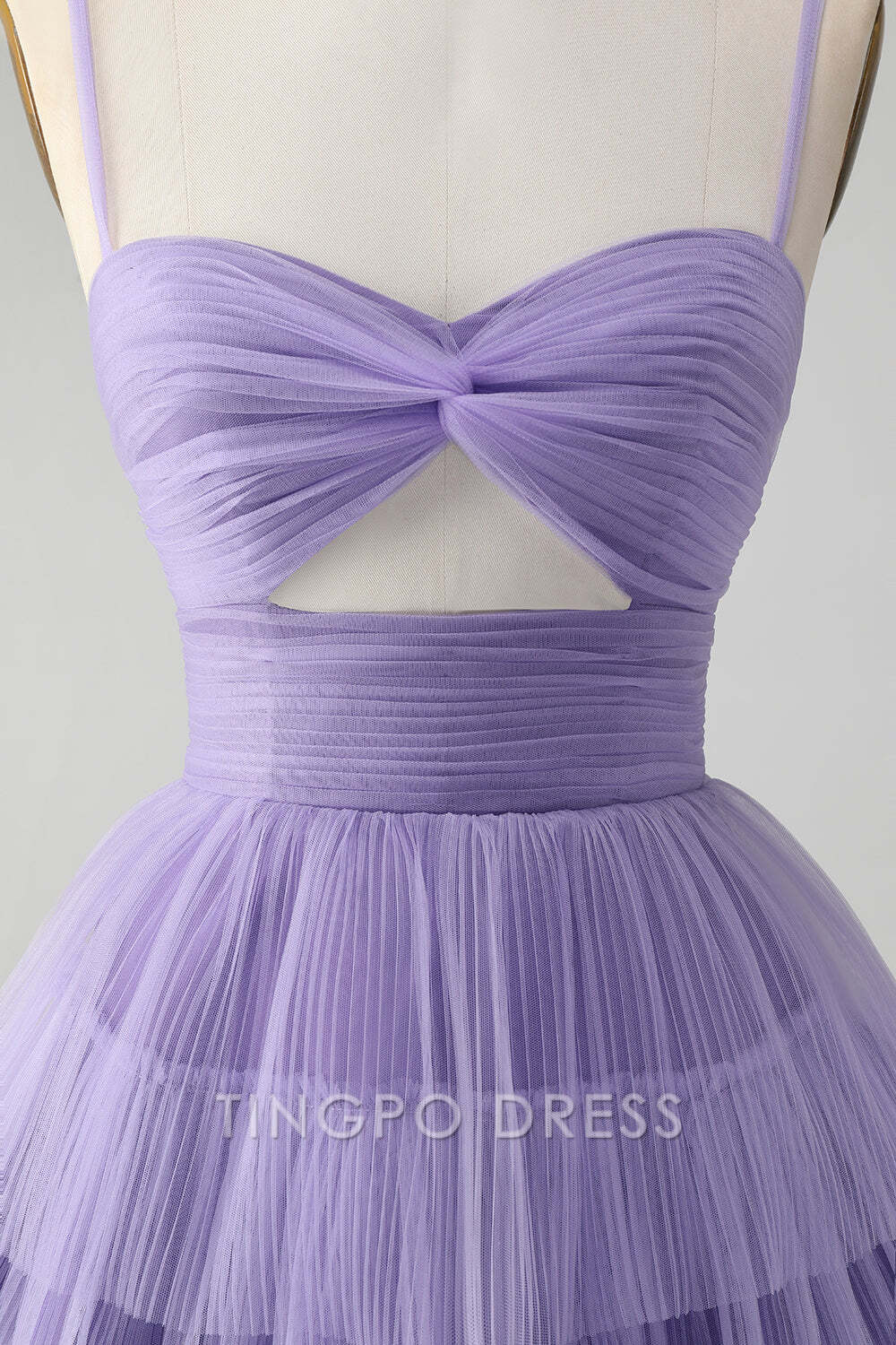 TingPo Wholesale Elegant Cute Purple A Line Spaghetti Straps Tulle Tiered Short Homecoming Dress formal wear dresses