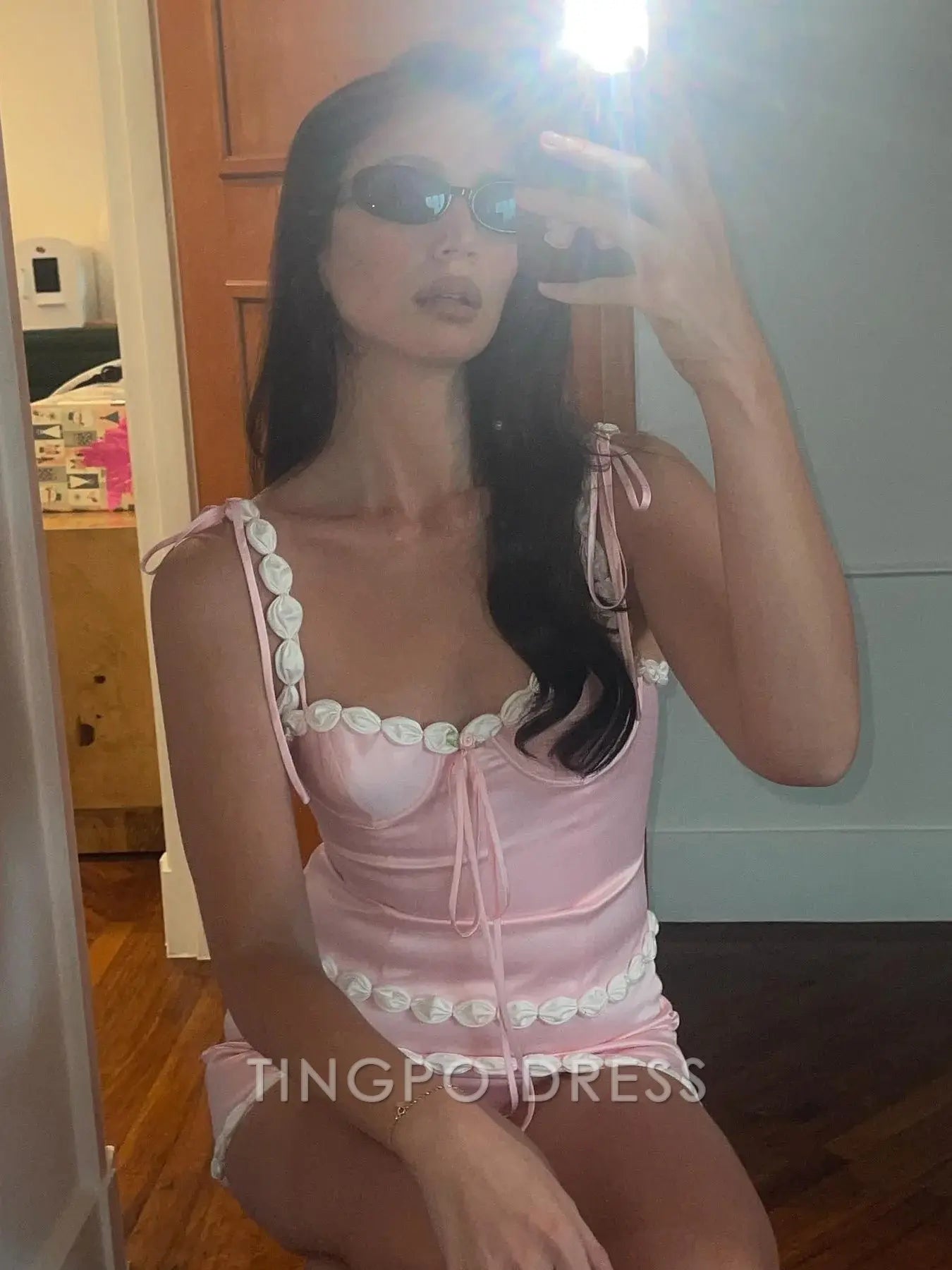 TingPo Wholesale Elegant Cute Sheath Spaghetti Straps Pink Short Homecoming Dress with Appliques formal wear dresses