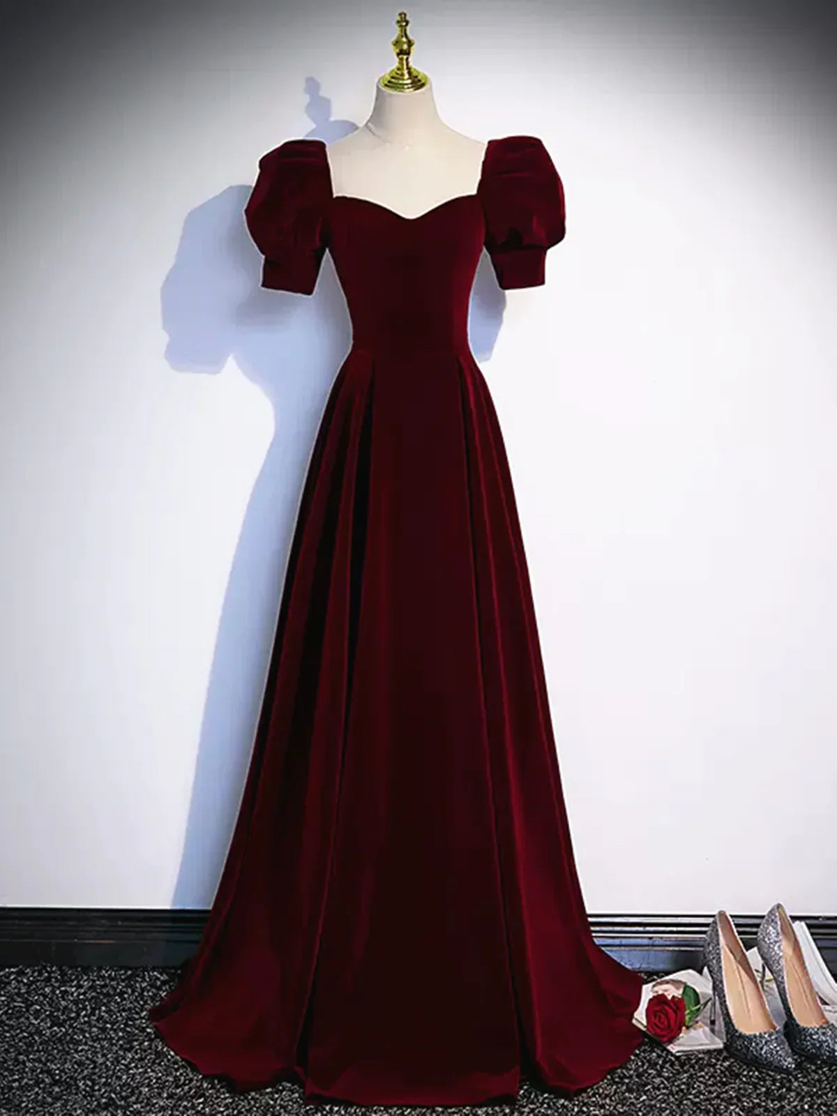 TingPo Wholesale Cute Short Sleeves Burgundy Long Prom Dresses