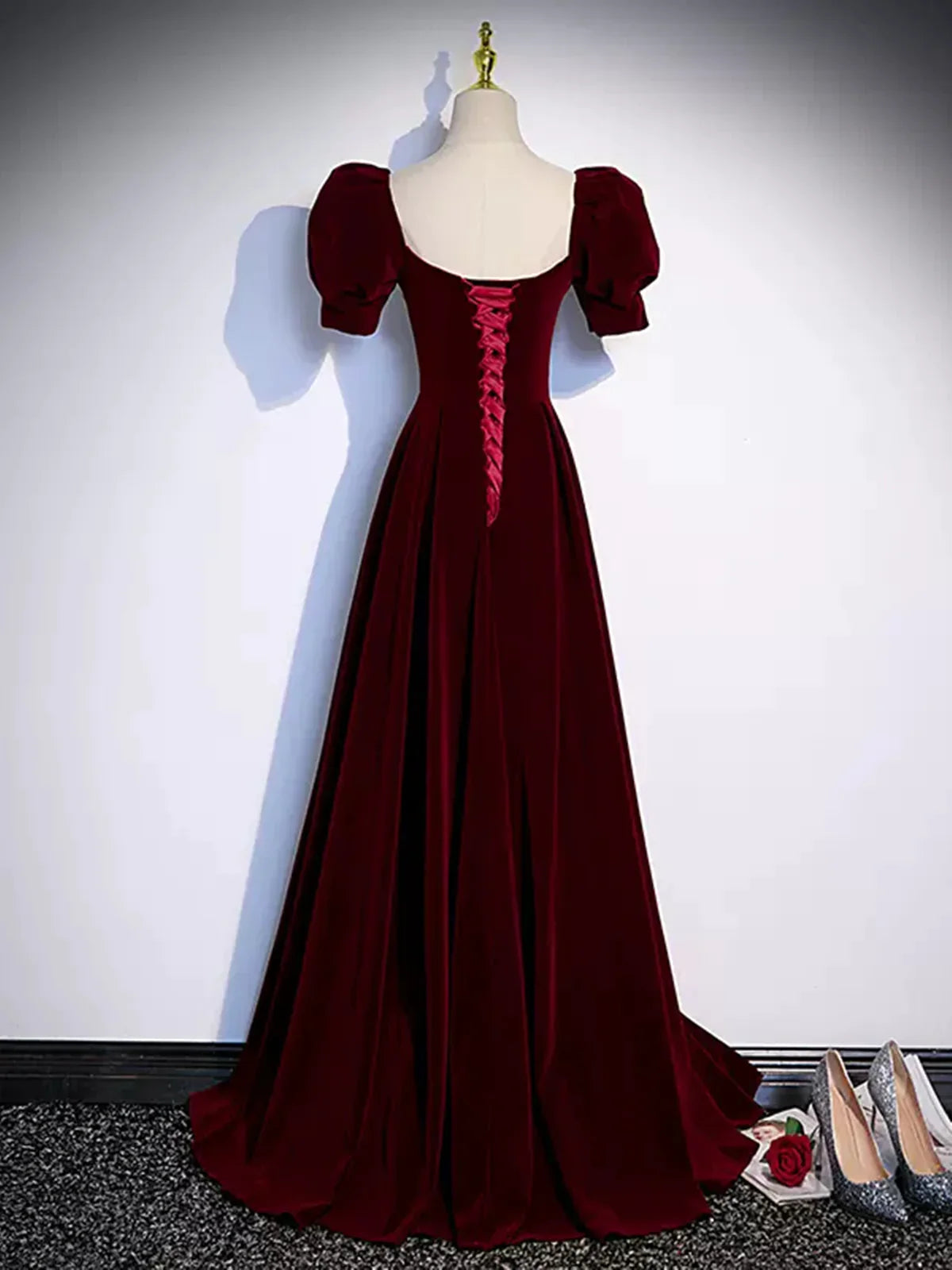 TingPo Wholesale Cute Short Sleeves Burgundy Long Prom Dresses