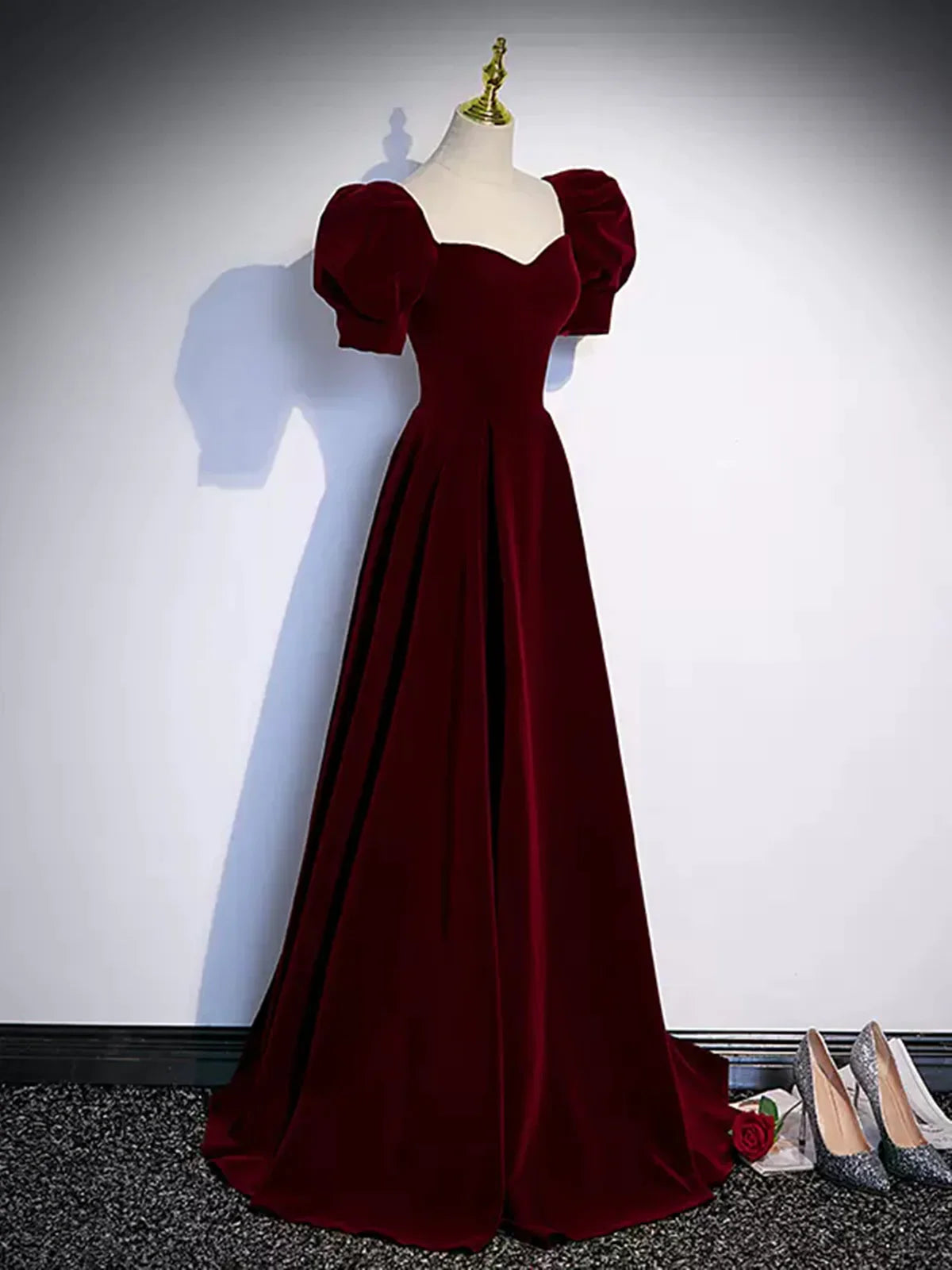 TingPo Wholesale Cute Short Sleeves Burgundy Long Prom Dresses