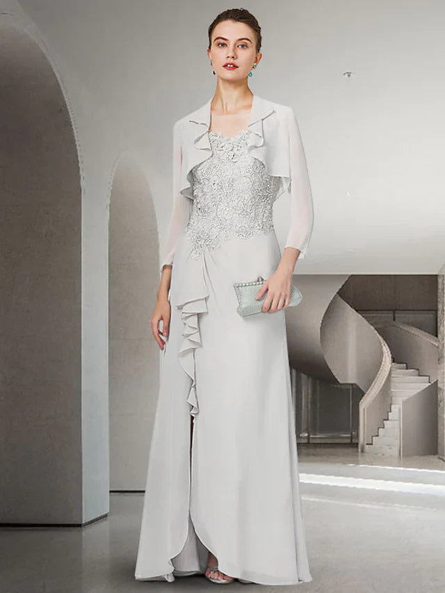 Wholesale Mother of the Bride Dress Elegant Jewel Neck Floor Length Chiffon Lace Length Sleeve with Ruffles Appliques
