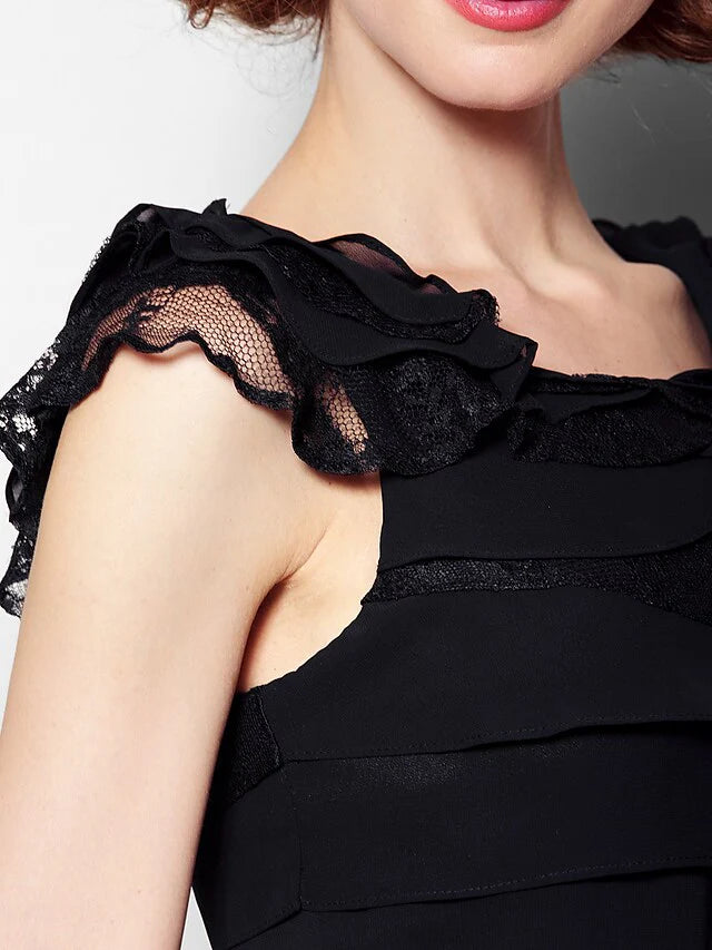 Wholesale Mother of the Bride Dress Little Black Dress Scoop Neck Knee Length Chiffon Lace Sleeveless with Lace Pleats Ruffles