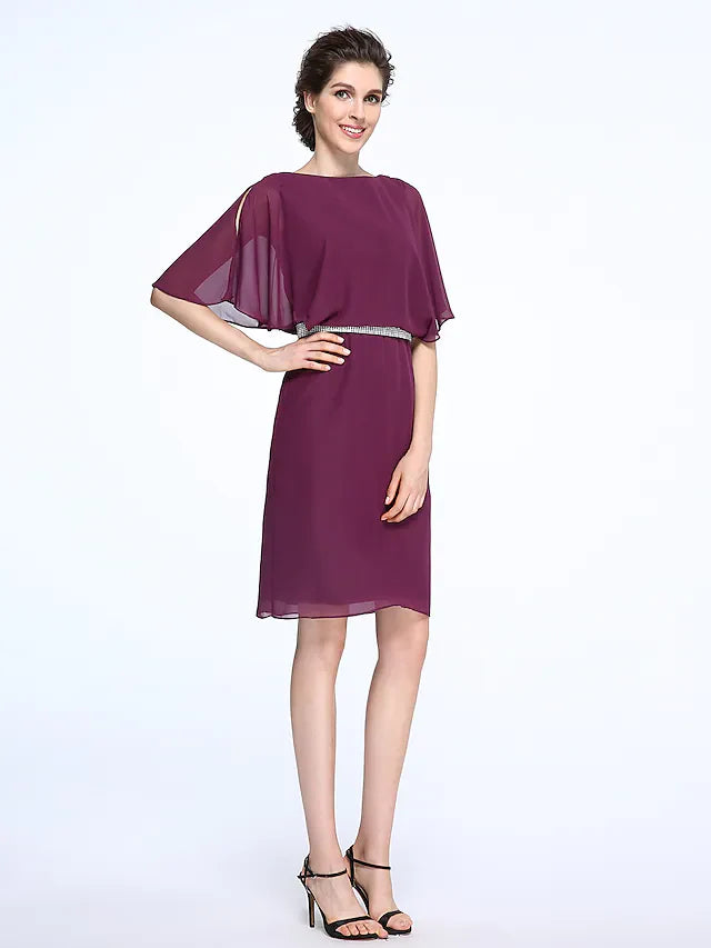Wholesale Mother of the Bride Dress Elegant Bateau Neck Knee Length Chiffon Half Sleeve with Crystals
