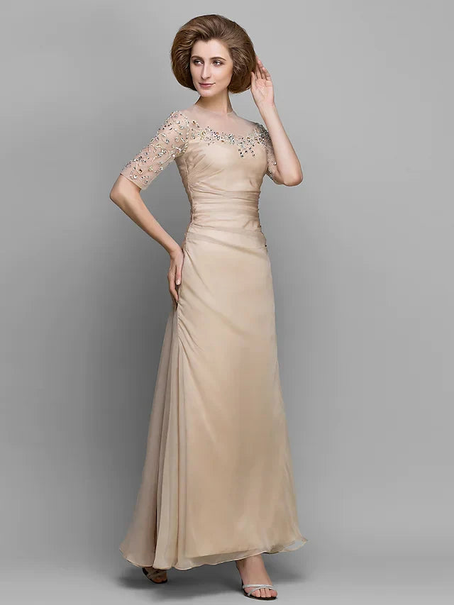 Wholesale A-Line Mother of the Bride Dress Vintage Inspired Jewel Neck Ankle Length Chiffon Half Sleeve with Ruched Beading