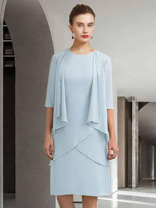 Wholesale Mother of the Bride Dress Elegant Jewel Neck Knee Length Chiffon Lace Half Sleeve with Beading Ruffles