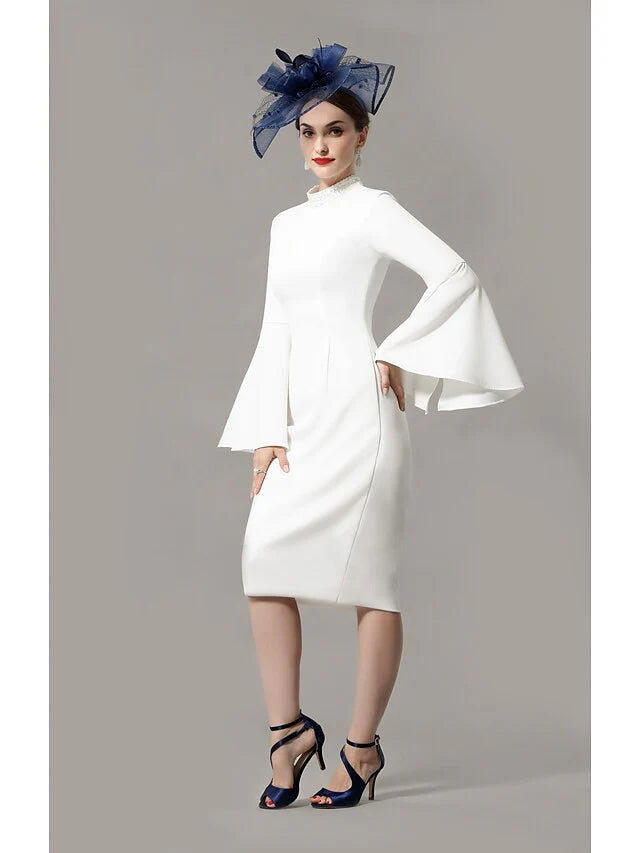 Wholesale Mother of the Bride Dress Wrap Included High Neck Knee Length Jersey 3/4 Length Sleeve with Crystals