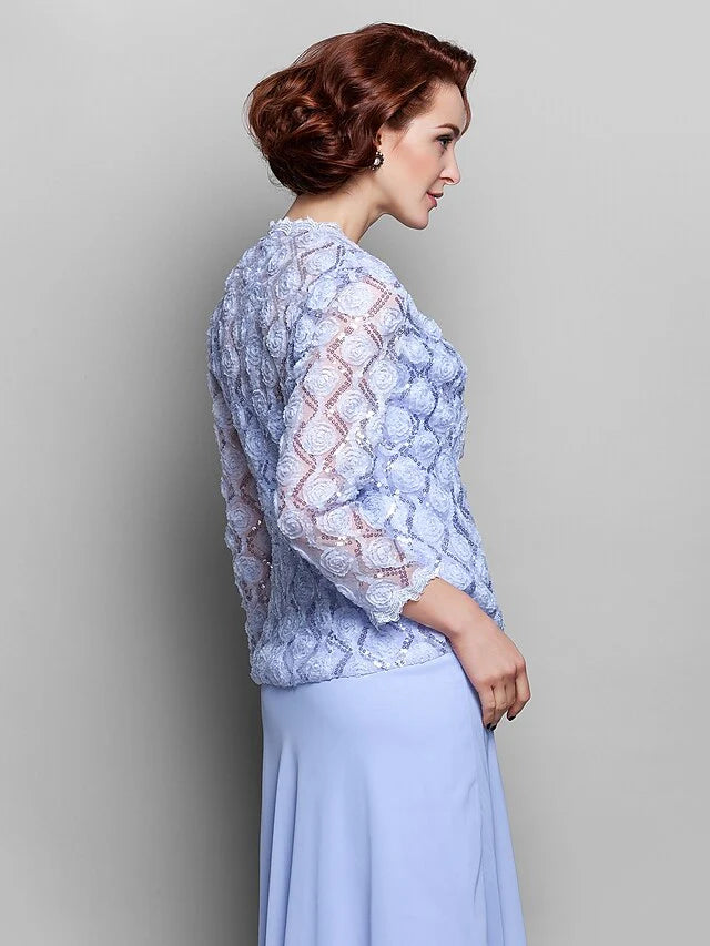 Wholesale Mother of the Bride Dress Wrap Included Straps Tea Length Chiffon Lace Long Sleeve with Lace
