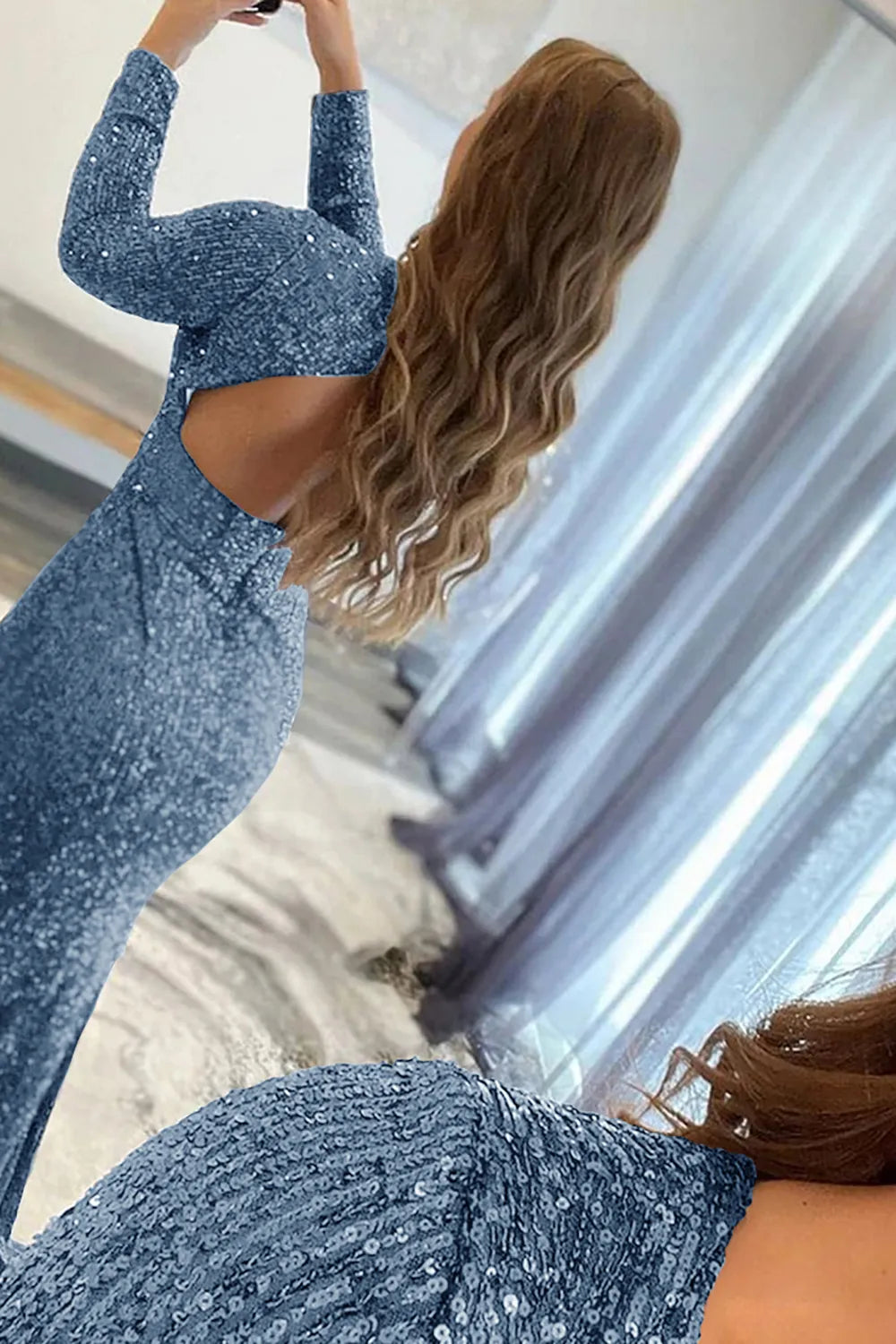 Wholesale Mermaid Glitter Dusty Blue Sequins Mesh Evening Dress Backless Prom Dress prom dresses shops