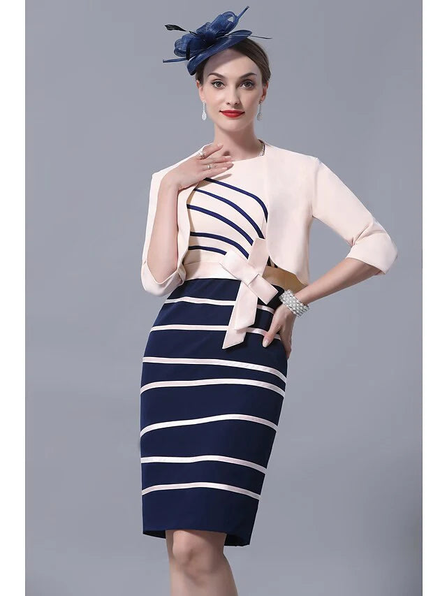 Wholesale Mother of the Bride Dress Elegant Jewel Neck Knee Length Satin 3/4 Length Sleeve with Sash Ribbon Bow(s)