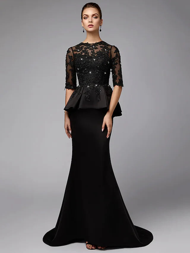 Wholesale Mother of the Bride Dress Sexy See Through Jewel Neck Lace Satin Half Sleeve with Beading Appliques
