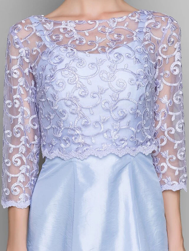 Wholesale Mother of the Bride Dress Convertible Dress Bateau Neck Knee Length Lace Taffeta Length Sleeve with Lace
