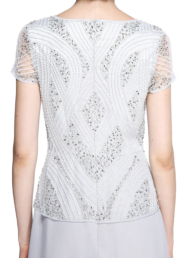 Wholesale Mother of the Bride Dress Jewel Neck Floor Length Chiffon Short Sleeve with Beading Sequin