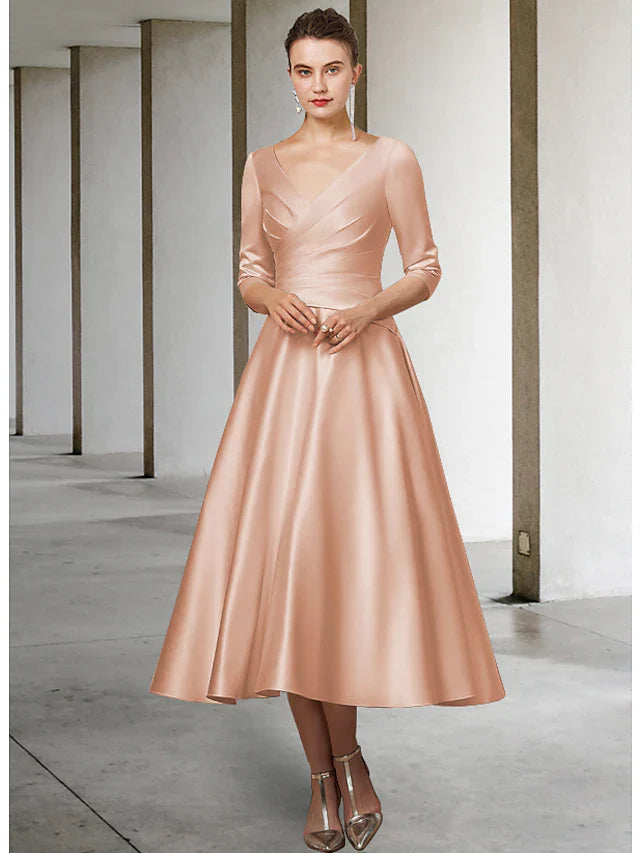 Wholesale A-Line Mother of the Bride Dress Elegant V Neck Tea Length Satin Half Sleeve with Pleats Ruching