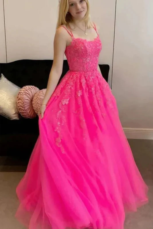 Wholesale Hot Pink A Line Lace Appliques Spaghetti Straps Prom Dress
