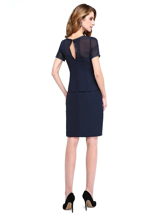 Wholesale Mother of the Bride Dress Two Piece Wrap Included Jewel Neck Knee Length Chiffon Lace Length Sleeve withCrystal Brooch Sash Ribbon