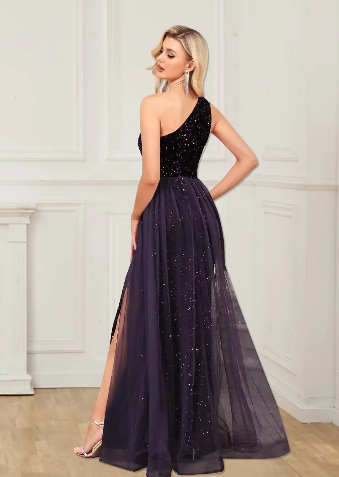 Wholesale Detachable Mermaid One Shoulder Sequin Tulle Prom Dresses With Slit