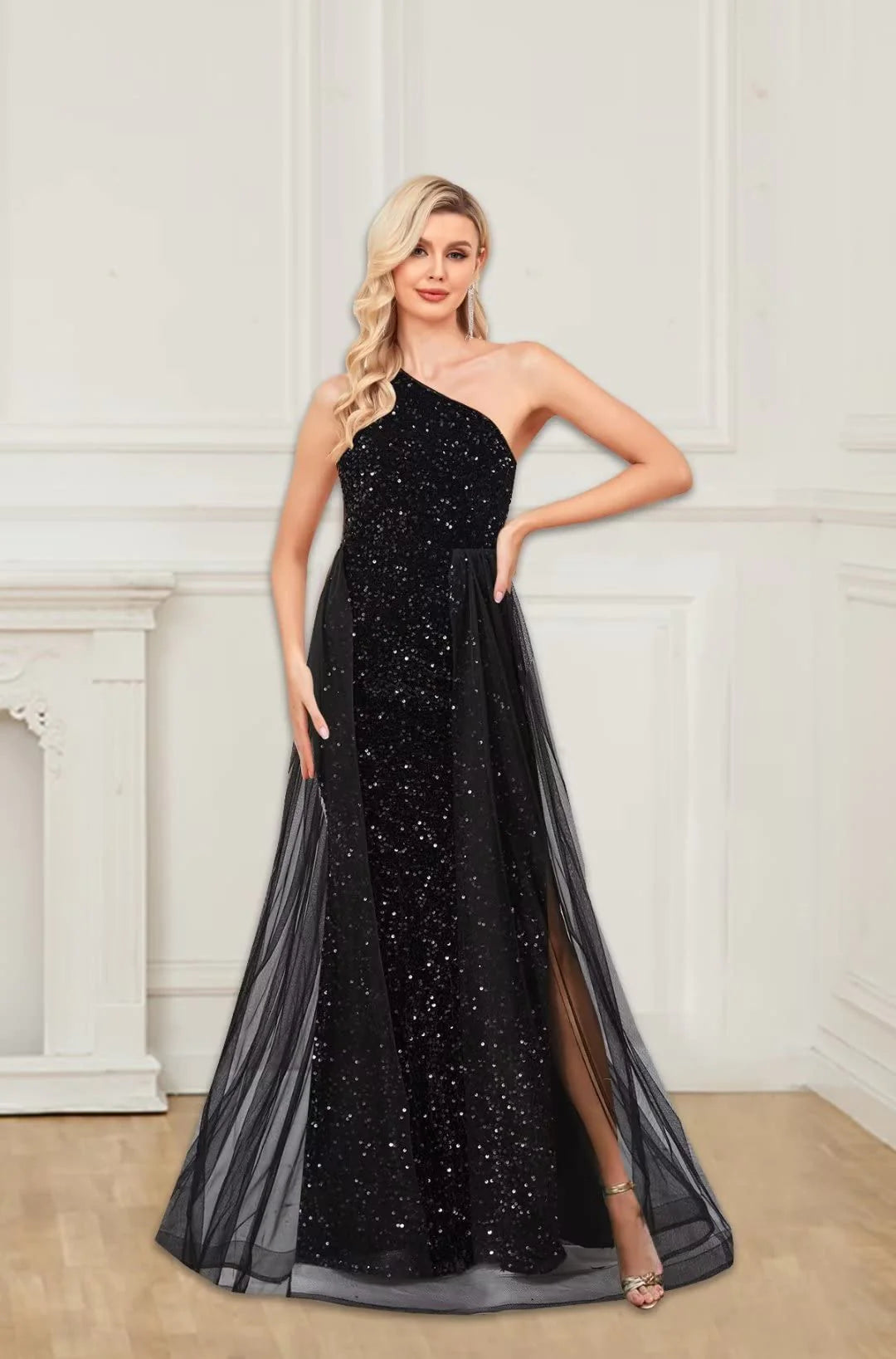 Wholesale Detachable Mermaid One Shoulder Sequin Tulle Prom Dresses With Slit