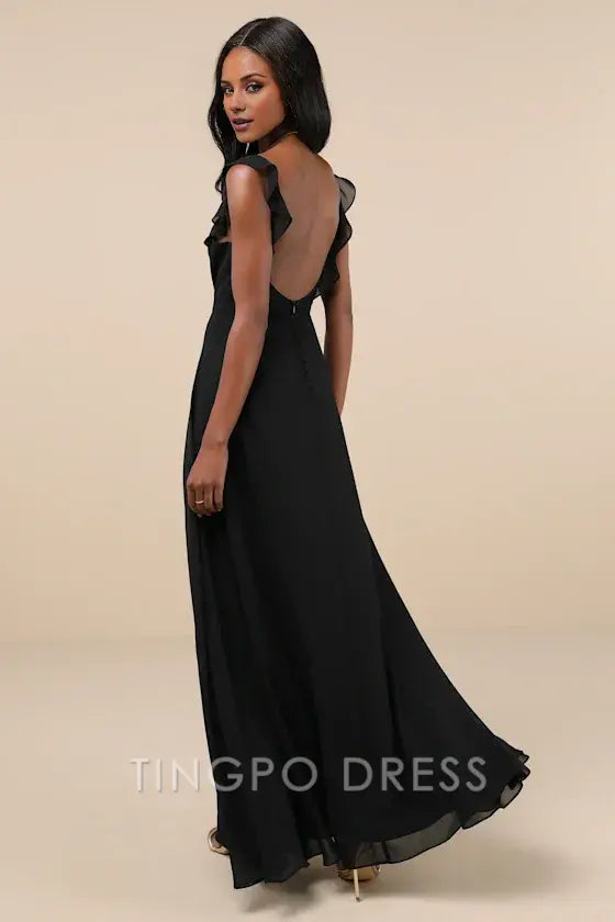 TingPo Wholesale Dreamy Admiration Black Ruffled Maxi Dress formal wear dresses