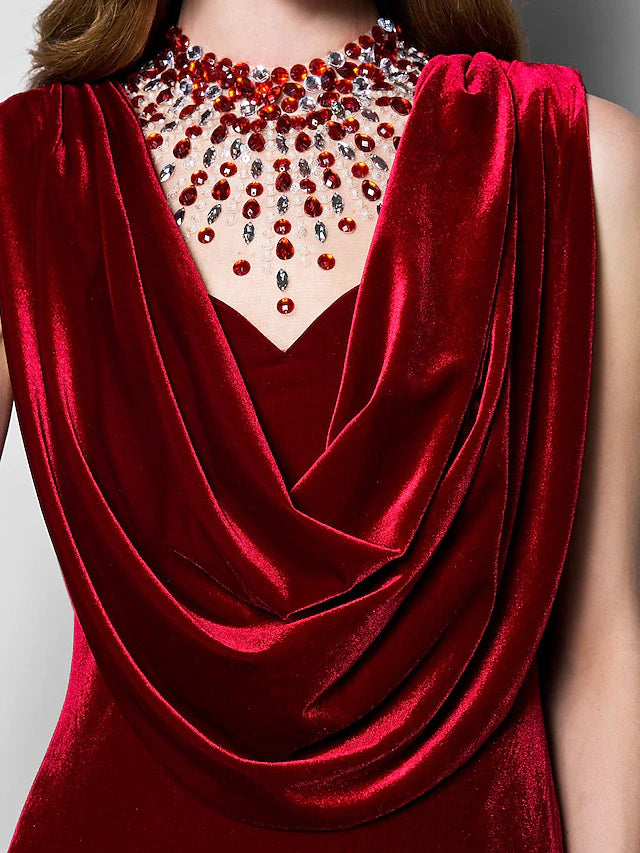 Wholesale Mother of the Bride Dress Cowl Neck Floor Length Velvet Sleeveless with Crystals Beading