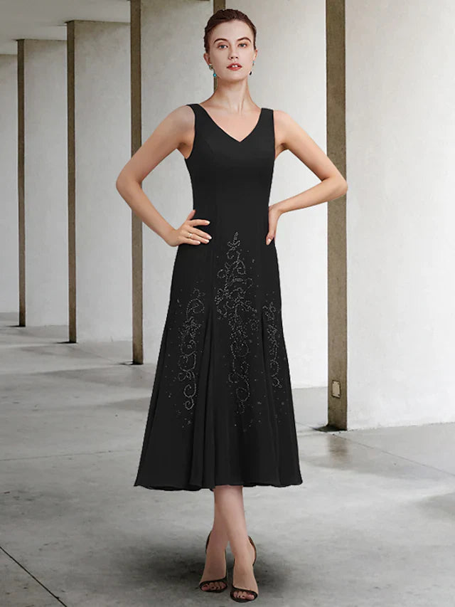 Wholesale Two Piece A-Line Mother of the Bride Dress Elegant V Neck Tea Length Chiffon Long Sleeve with Beading