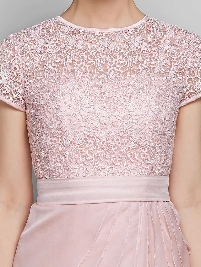 Wholesale Mother of the Bride Dress Jewel Neck Floor Length Chiffon Lace Short Sleeve with Lace Ruffles