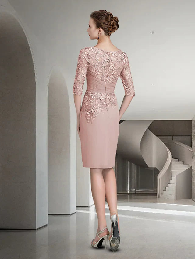 Wholesale Mother of the Bride Dress Elegant Jewel Neck Knee Length Chiffon Lace Half Sleeve with Ruched Appliques