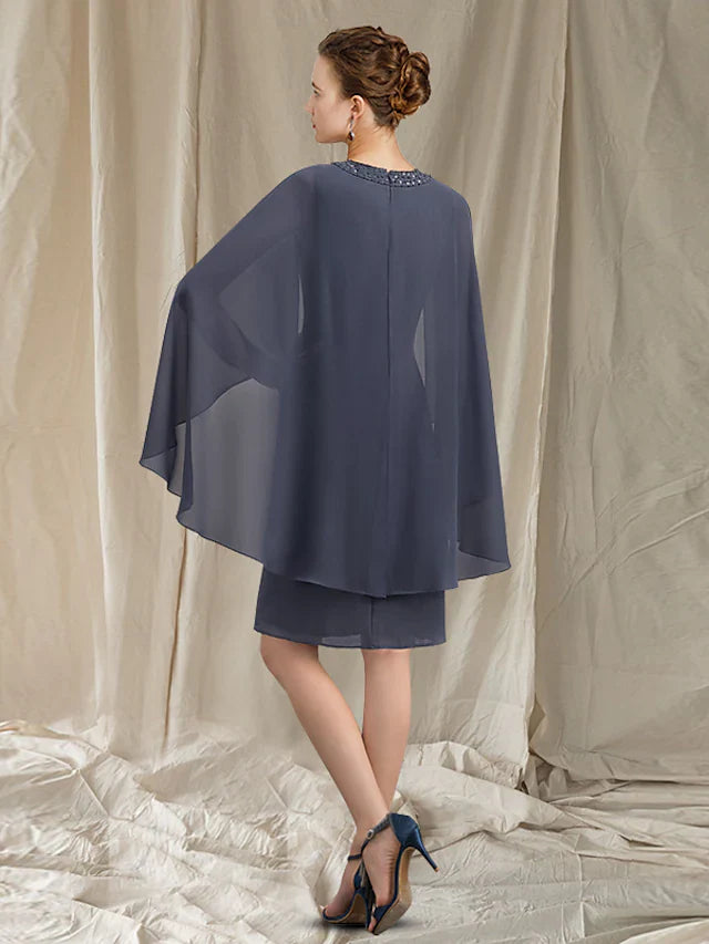 Wholesale Mother of the Bride Dress Elegant Jewel Neck Knee Length Chiffon Sleeveless with Beading