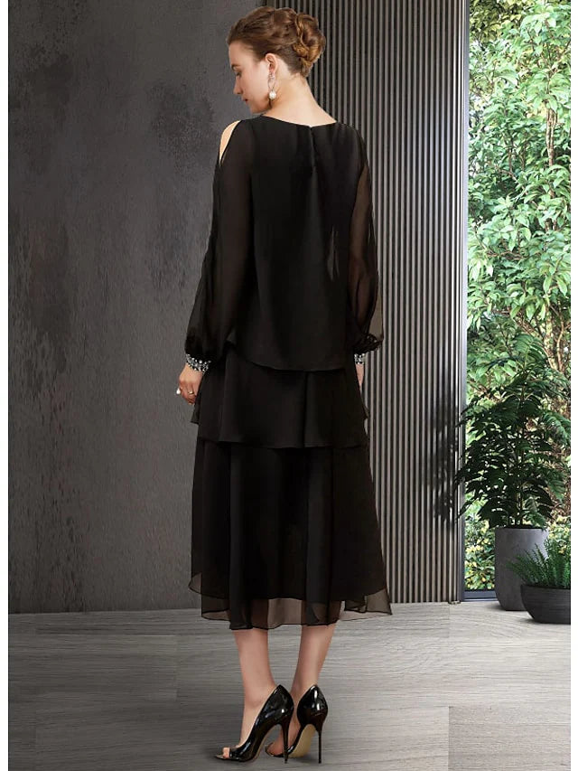 Wholesale A-Line Mother of the Bride Dress Elegant Jewel Neck Asymmetrical Chiffon Long Sleeve with Sequin Tier