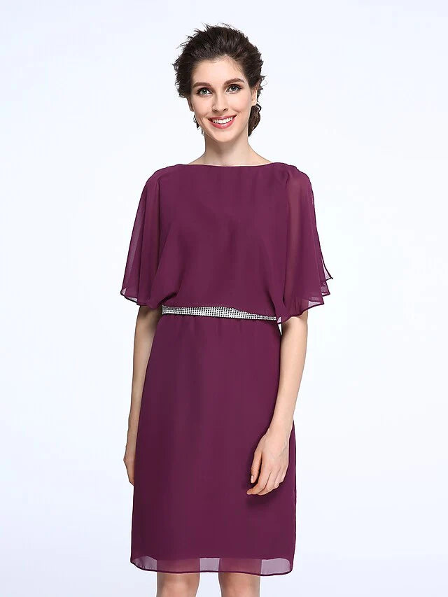 Wholesale Mother of the Bride Dress Elegant Bateau Neck Knee Length Chiffon Half Sleeve with Crystals