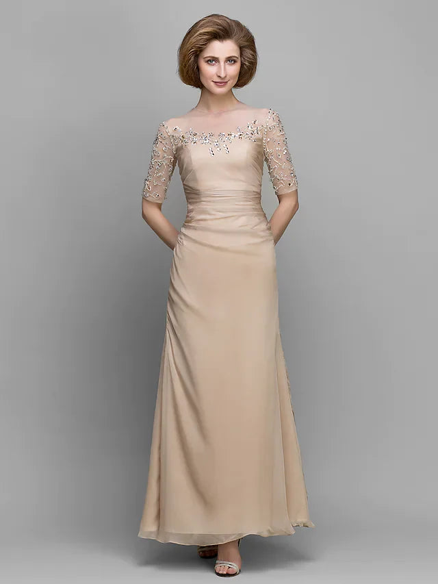 Wholesale A-Line Mother of the Bride Dress Vintage Inspired Jewel Neck Ankle Length Chiffon Half Sleeve with Ruched Beading