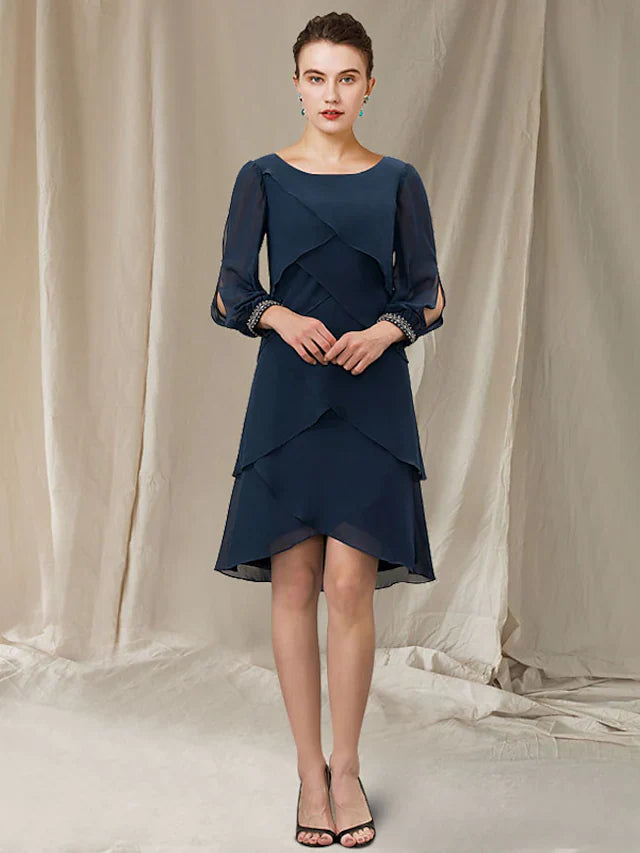 Wholesale A-Line Mother of the Bride Dress Elegant Jewel Neck Asymmetrical Short Mini Chiffon Short Sleeve with Ruffles
